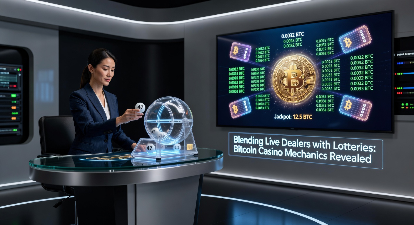 A live dealer in a high-tech studio drawing lottery numbers on a digital wheel, with Bitcoin symbols and blockchain graphics overlayed for transparency in online casino play