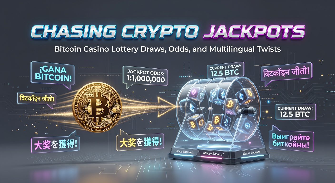 Vibrant digital lottery draw interface on a Bitcoin casino platform, showing spinning wheels and cryptocurrency jackpots glowing in neon lights
