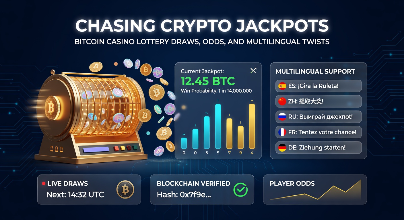 Global map highlighting multilingual Bitcoin casino lotteries, with icons for languages like Spanish, Japanese, and Arabic overlaid on cryptocurrency symbols