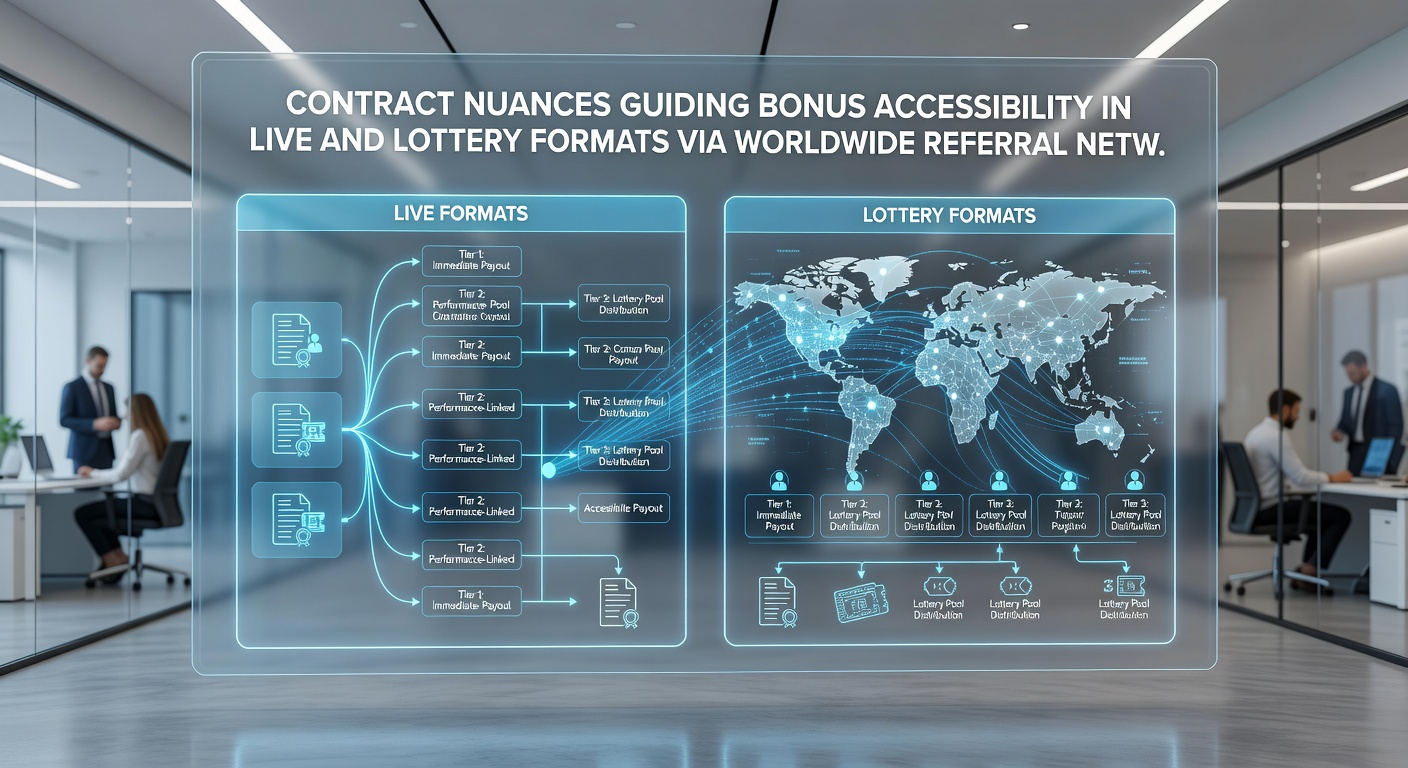 Global referral network map showing connections between live dealer platforms and lottery systems with contract overlay elements