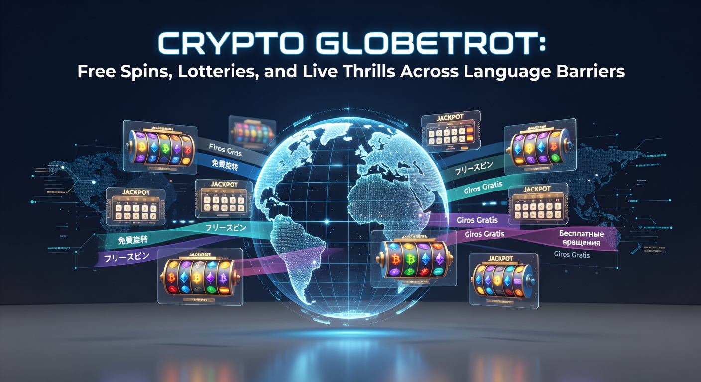 Vibrant digital globe spinning with crypto symbols, free spin icons, lottery tickets, and live dealer tables connecting diverse global players