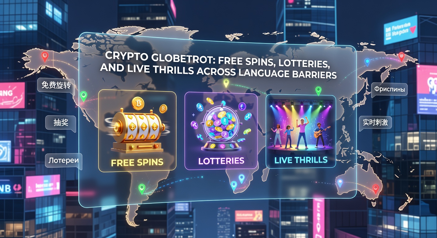 Animated lottery draw screen showing crypto prize pools, tickets from various countries, and winners celebrating across time zones