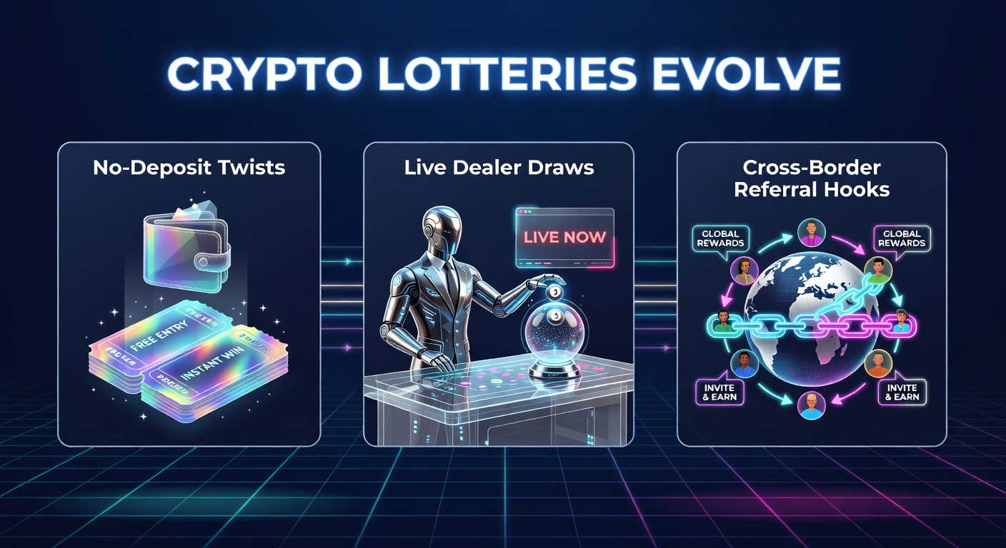 Digital lottery interface showing crypto wallets and spinning wheels with blockchain elements in the background