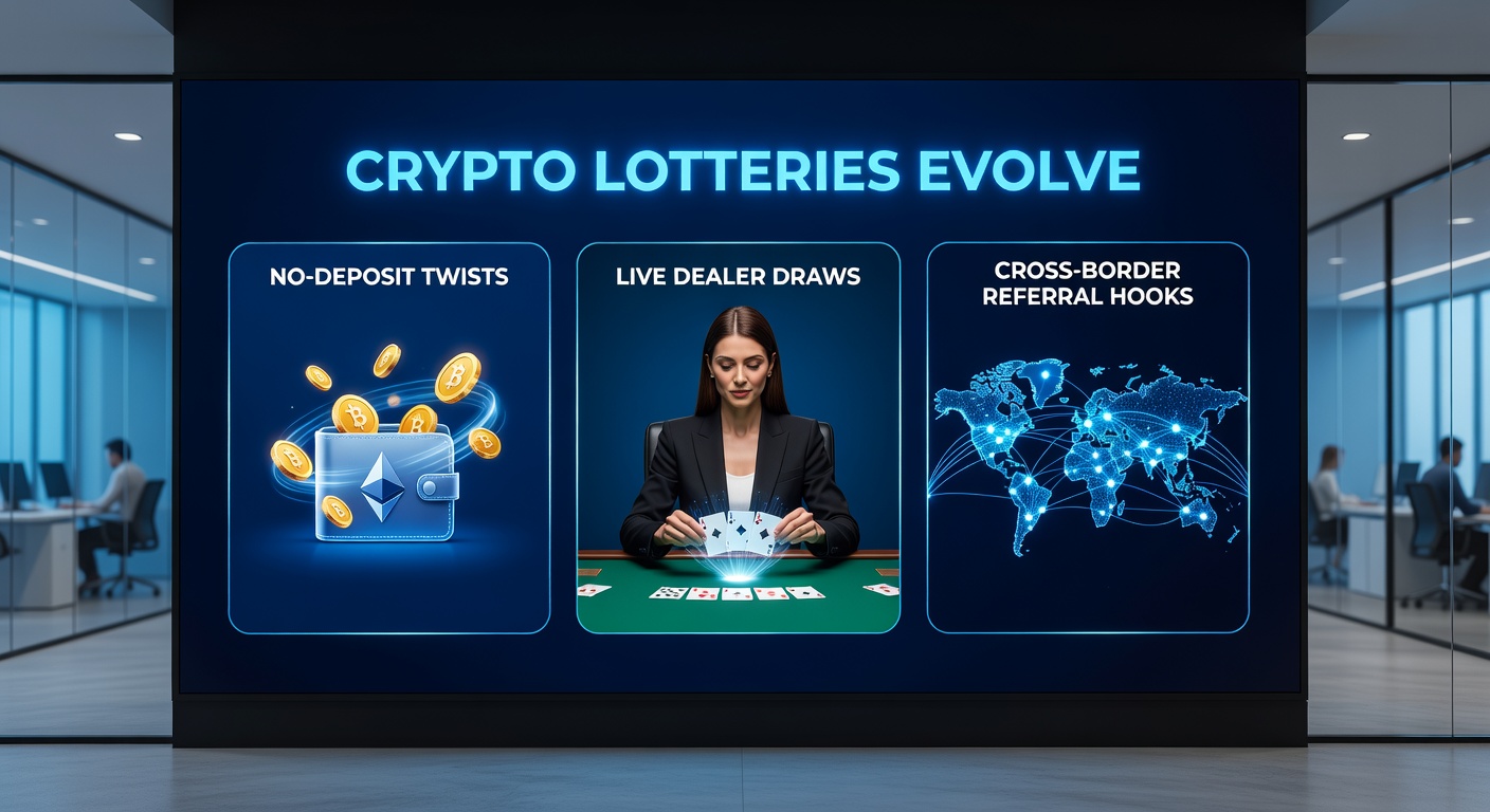 Live dealer at a high-tech studio drawing lottery numbers with crypto symbols overlayed on screens