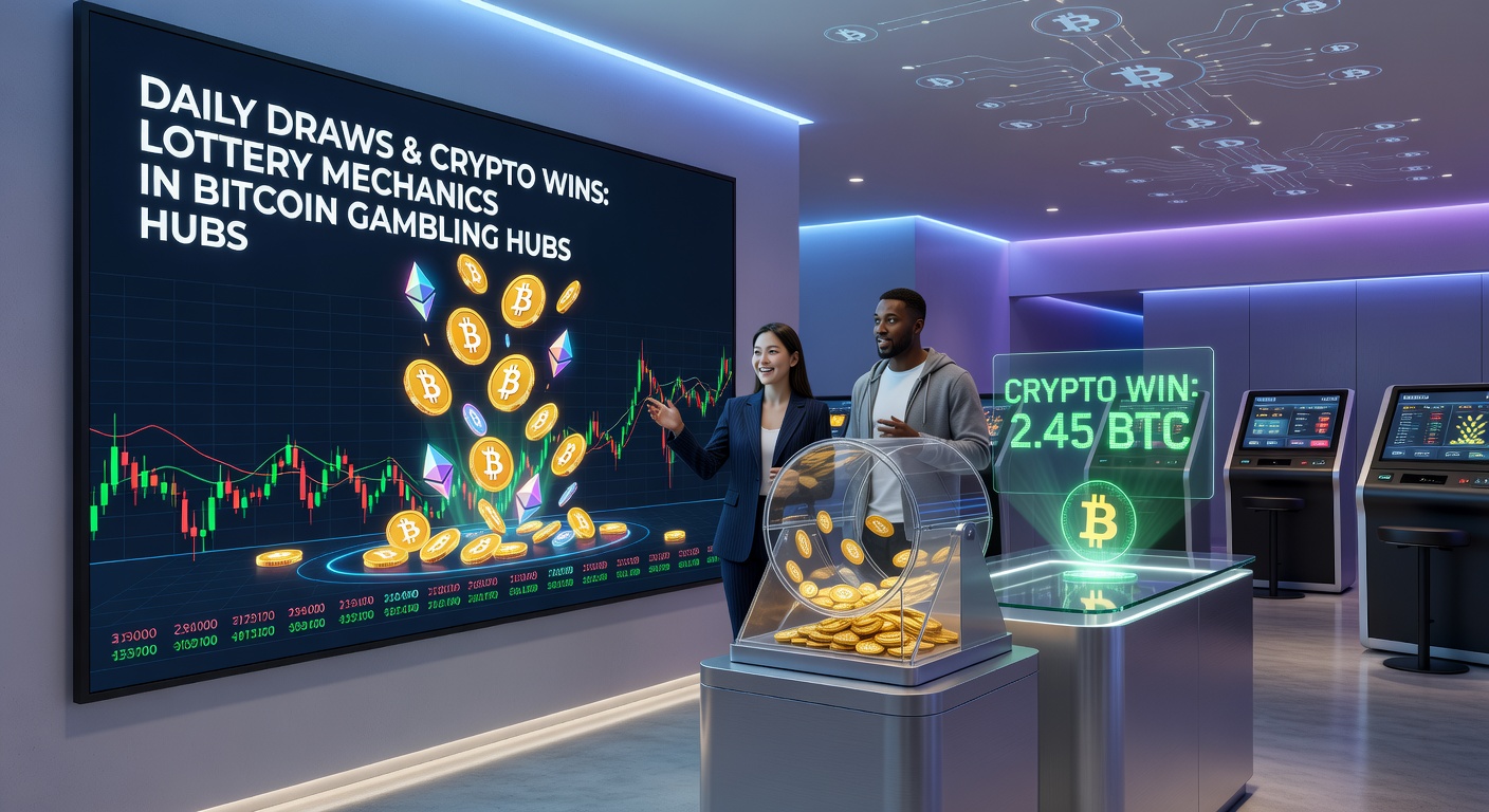 Vibrant digital lottery draw interface on a crypto gambling platform showing spinning wheels and Bitcoin prizes