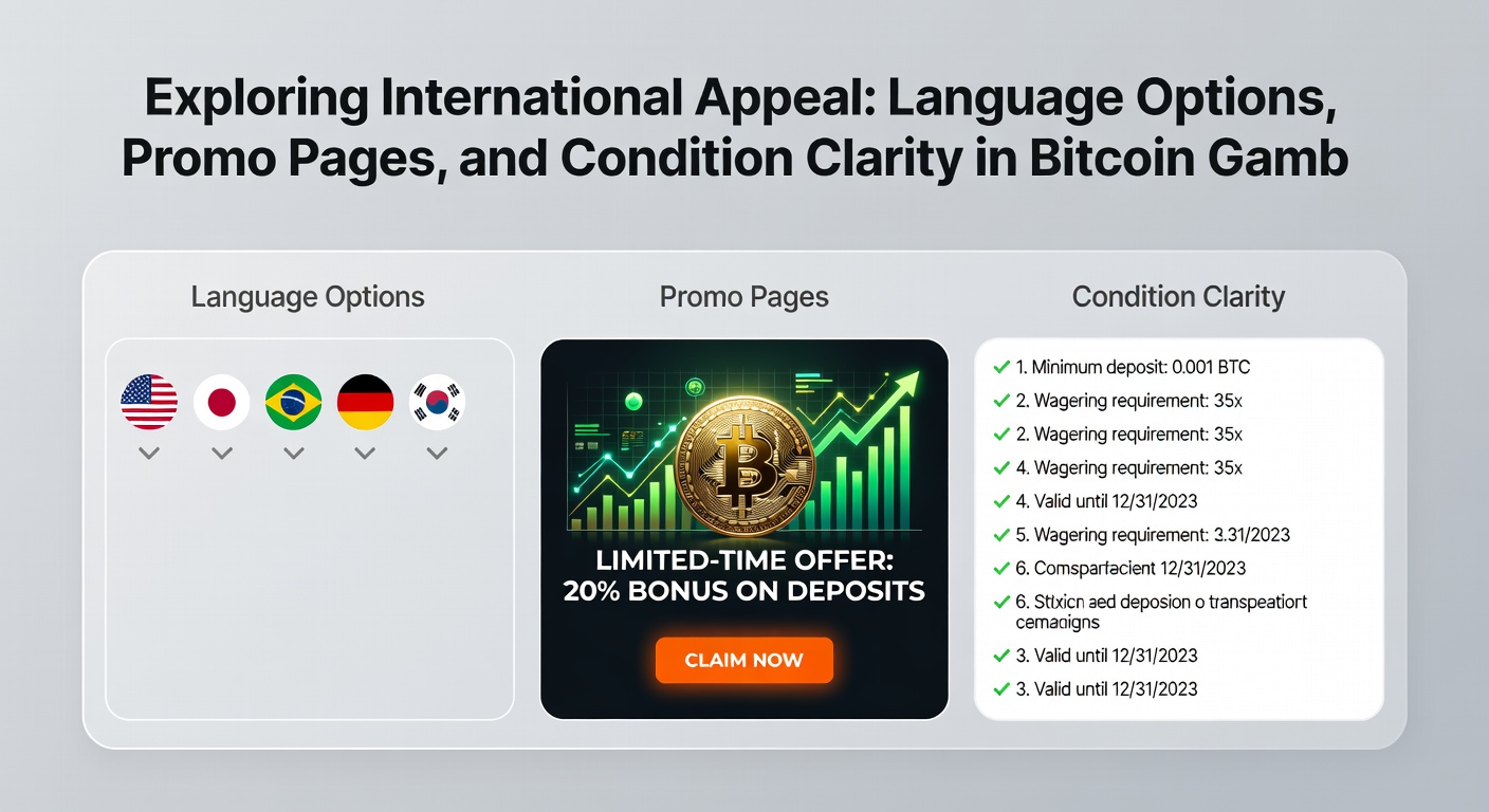 Close-up of a multilingual bitcoin gambling promo page displaying bonuses in various languages, with clear terms highlighted below