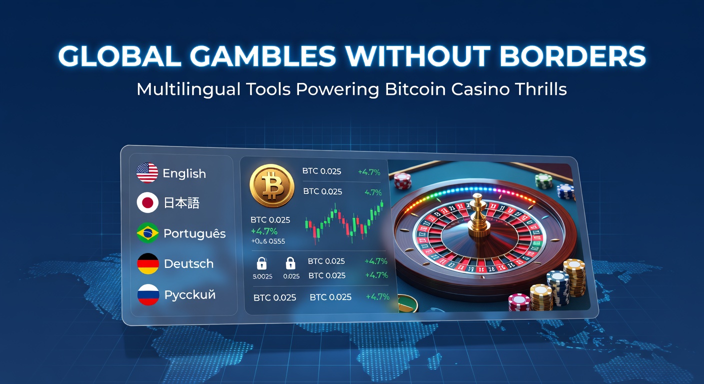 Vibrant digital globe with interconnected casino icons and speech bubbles in multiple languages, symbolizing borderless Bitcoin gambling access