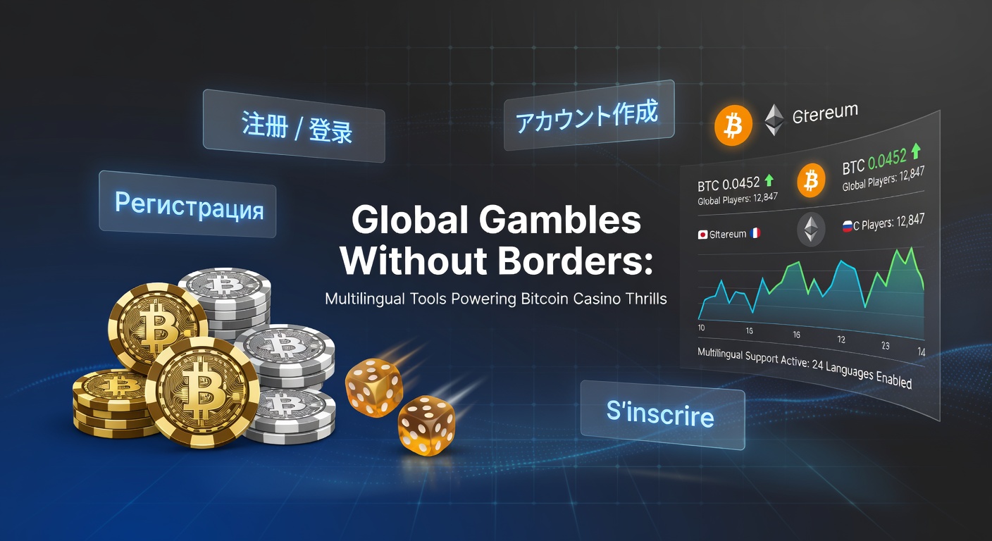 Diverse group of people from various cultures enjoying Bitcoin casino games on laptops and phones, with language flags overlayed on screens