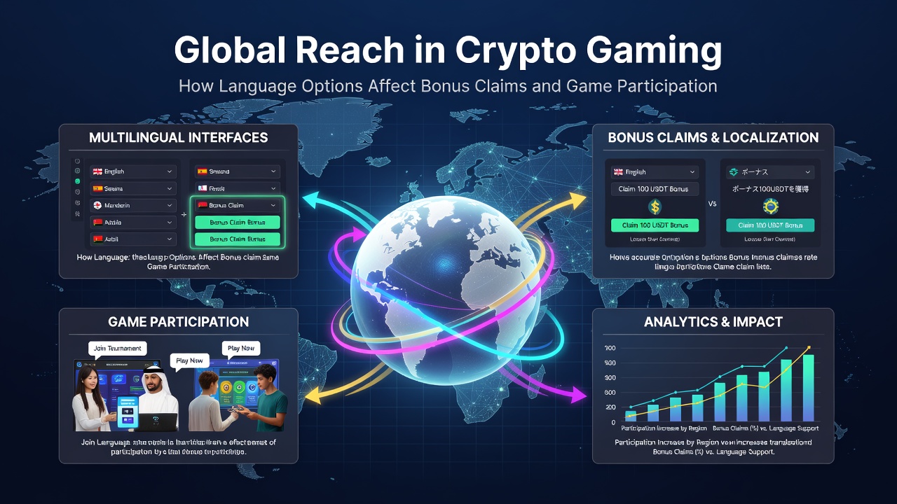 Global crypto gaming platforms displaying multiple language interfaces and bonus promotions