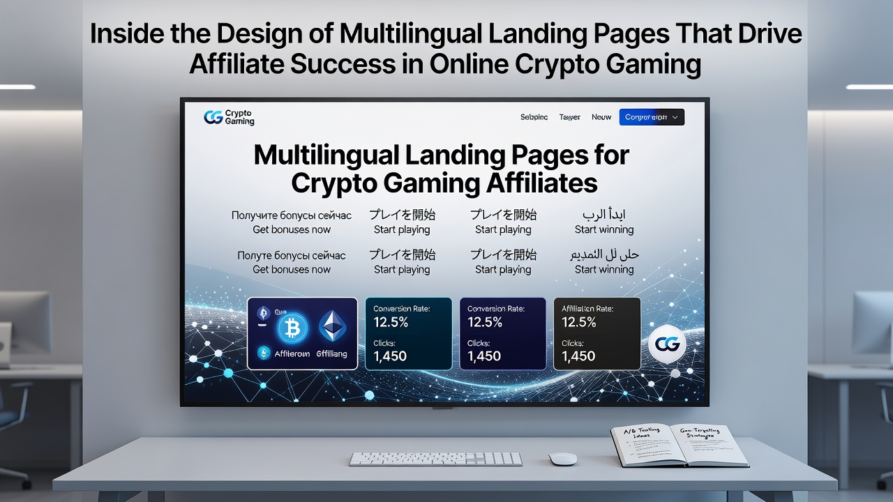 Overview of multilingual landing page layouts used in crypto gaming affiliate campaigns