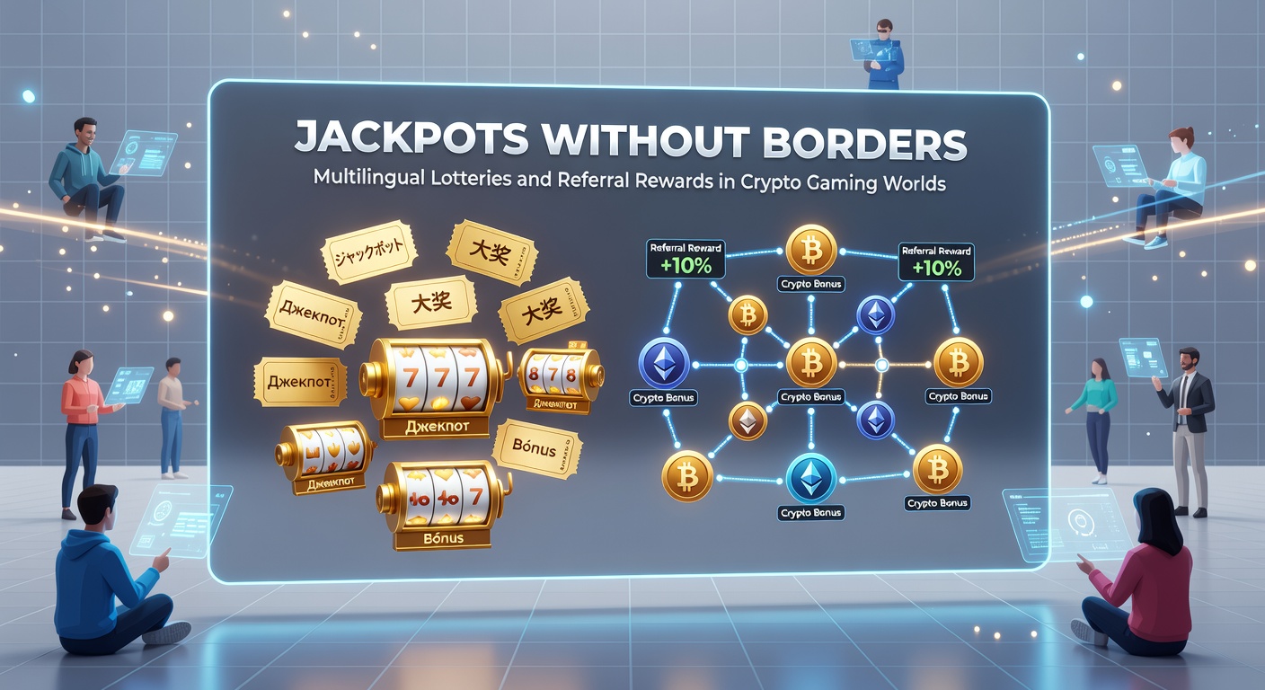 Diverse group of animated avatars from various countries celebrating a shared crypto jackpot win, with referral icons and speech bubbles in multiple languages