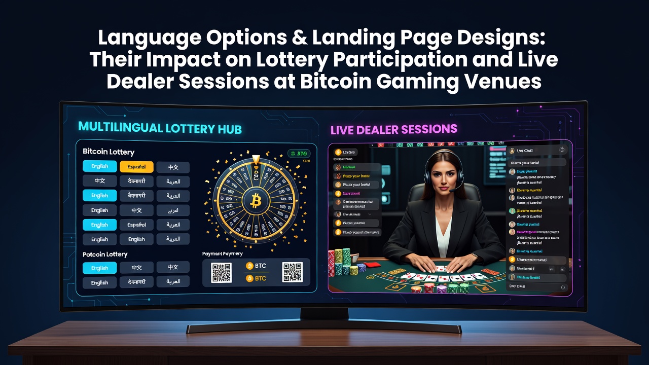 Bitcoin gaming venue interface showing multiple language selectors and optimized landing page elements for lottery and live dealer sections