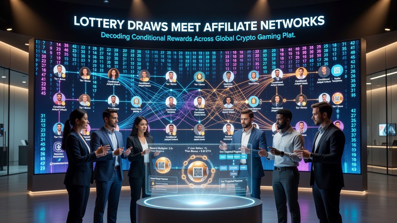 Affiliate network dashboards displaying conditional reward tracking for lottery-based crypto promotions