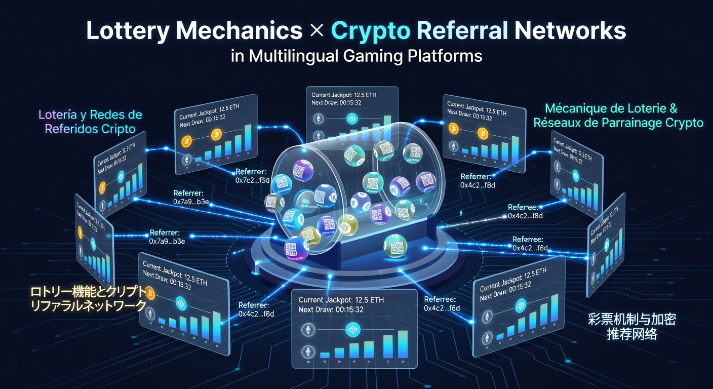 Illustration showing lottery ticket systems merging with blockchain referral chains on global gaming interfaces