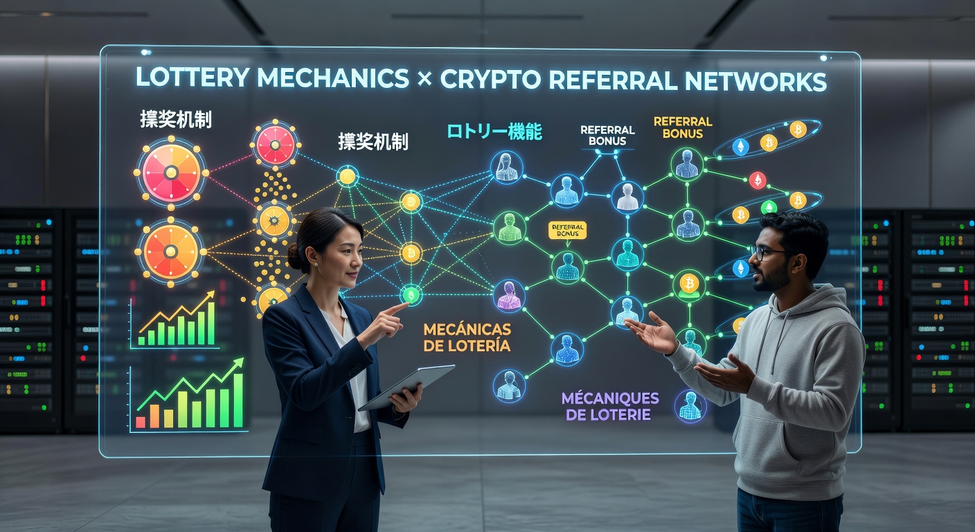 Diagram of interconnected referral nodes feeding into a central lottery draw system across language versions
