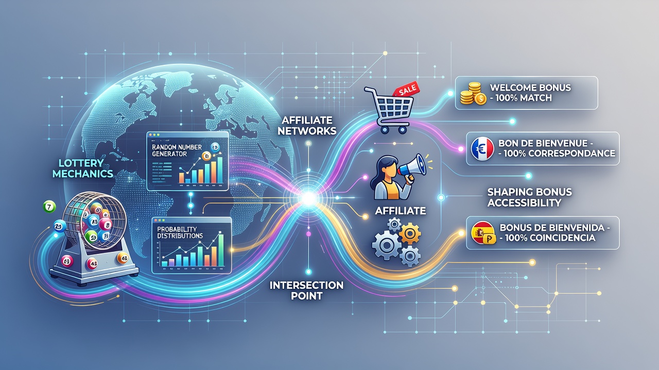 Illustration of multilingual bonus interfaces with lottery draw elements