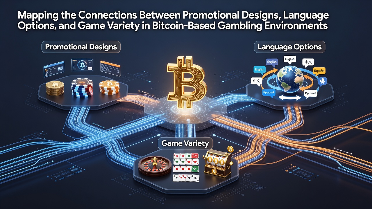 Visual representation of promotional design elements connected to game categories and language selections in cryptocurrency gambling platforms
