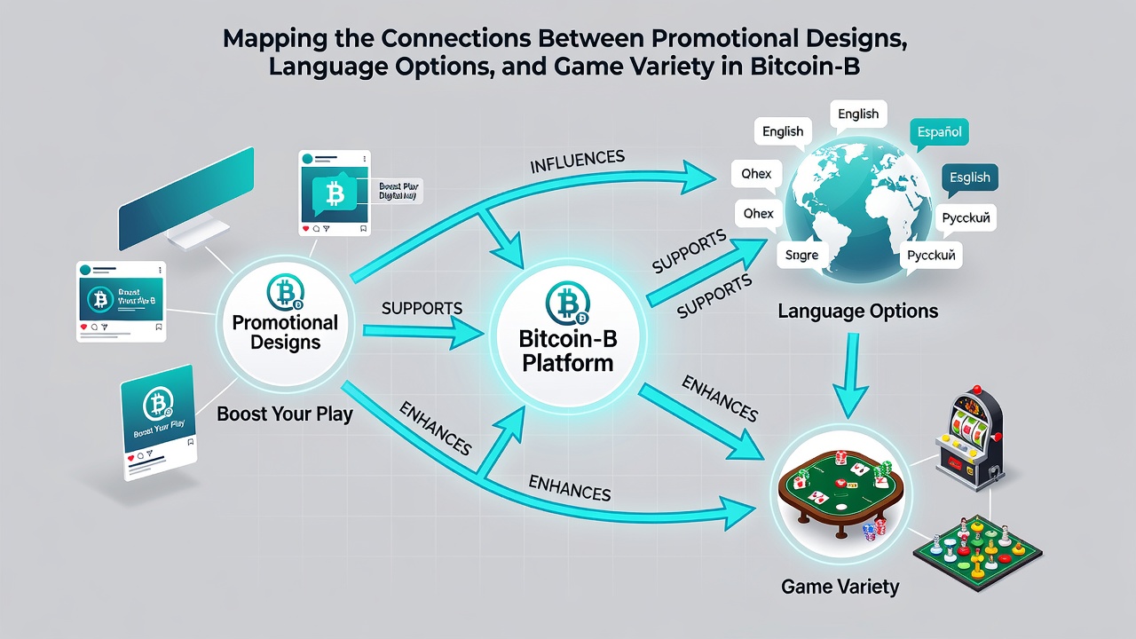 Diagram showing interconnections between promotional banners, language toggles, and categorized game libraries on Bitcoin gambling sites