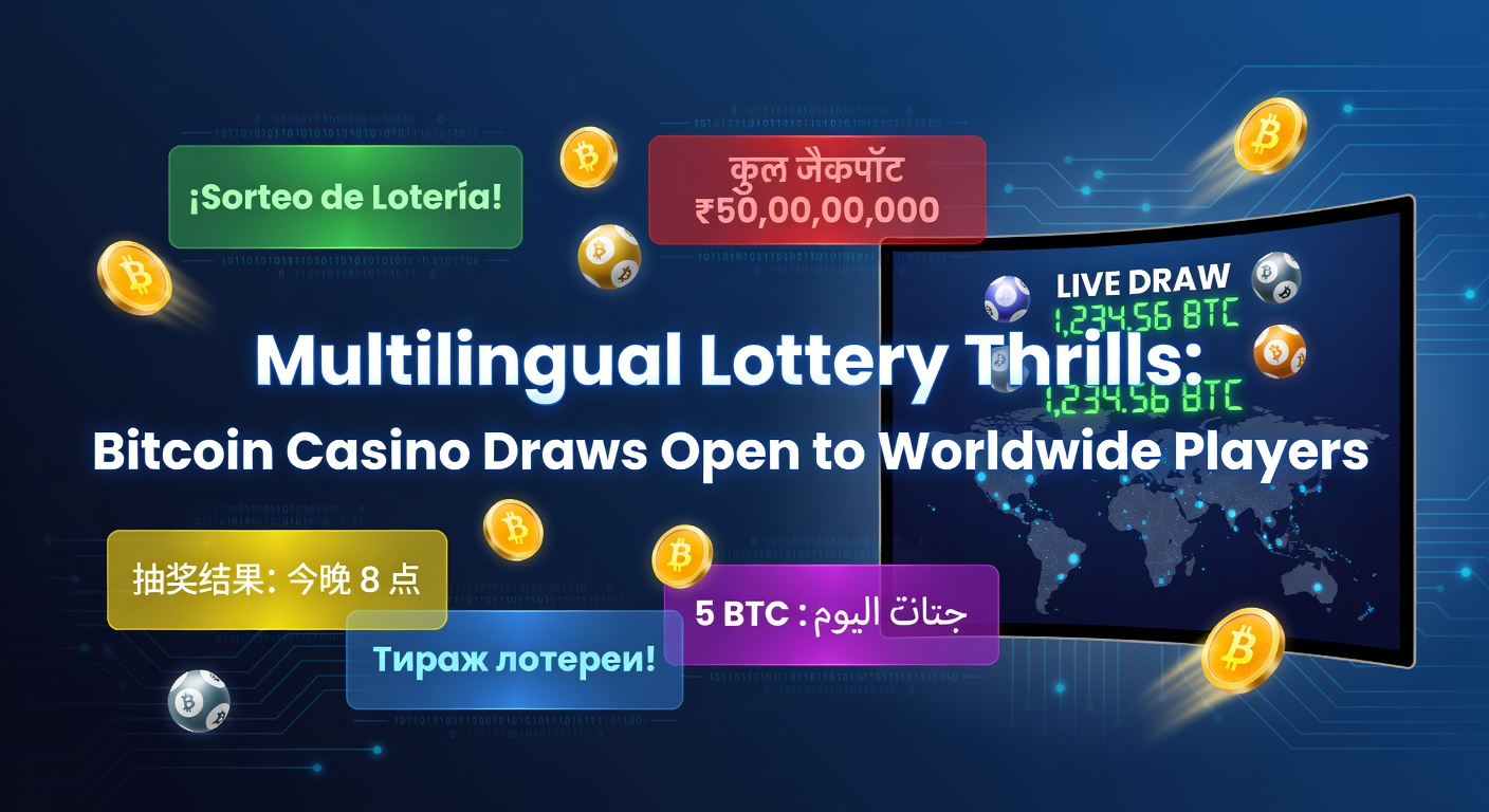 Vibrant digital lottery draw interface showing global players participating in a Bitcoin casino jackpot event, with multilingual options highlighted