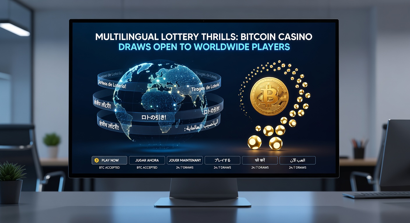 Diverse group of international players on screens engaging with a multilingual Bitcoin lottery dashboard, jackpots ticking upward in real-time