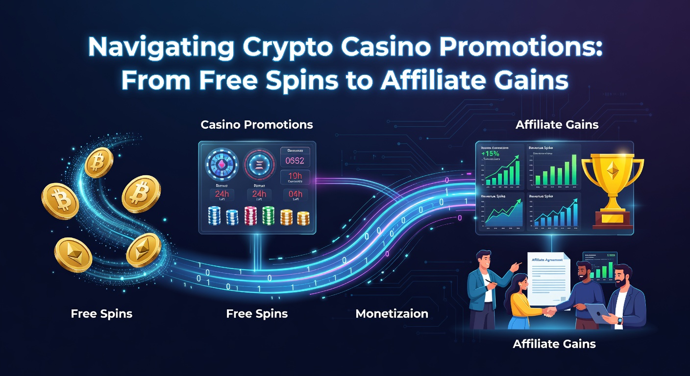 Vibrant display of crypto casino promotions featuring free spins icons, bonus chips, and affiliate dashboards glowing on a digital screen