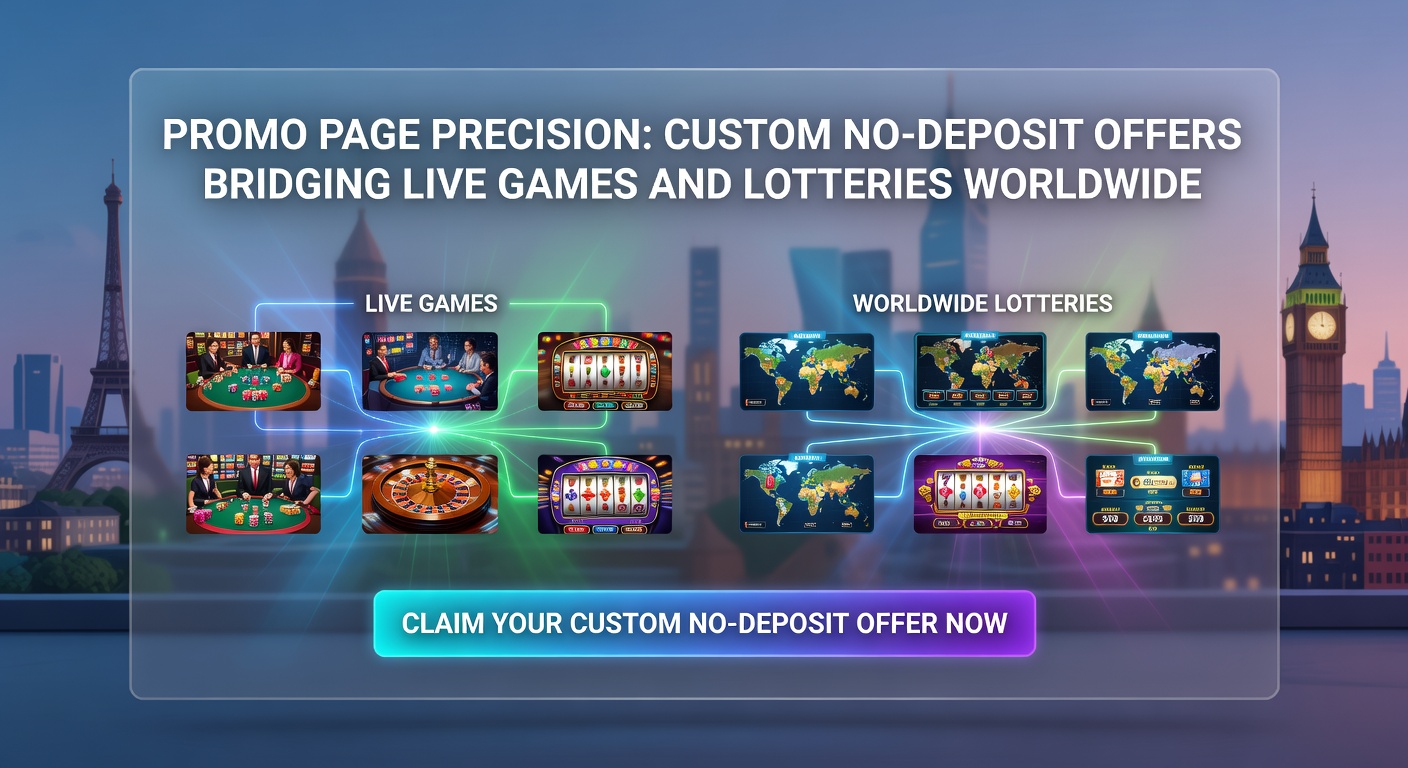 Screenshot of a dynamic promo page displaying custom no-deposit offers for live dealer games and lottery entries worldwide