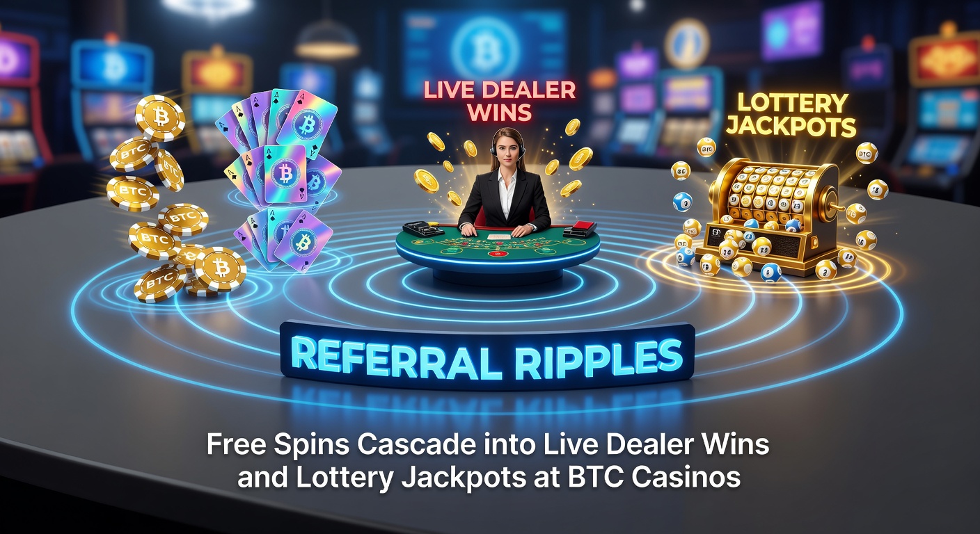 Vibrant digital graphic showing a chain reaction of casino chips, free spin icons cascading into live dealer tables and glowing lottery jackpots in a bitcoin-themed environment