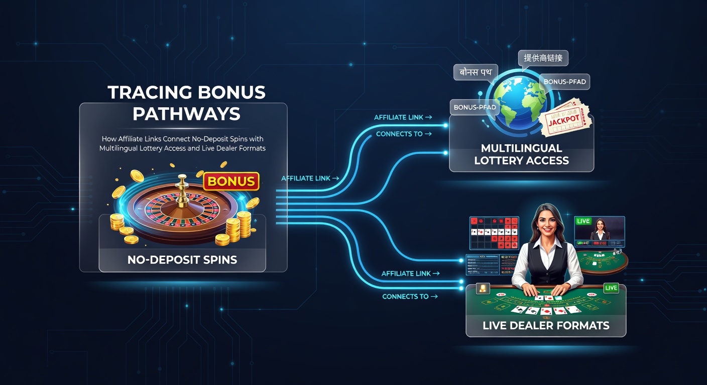 Diagram showing affiliate link pathways connecting no-deposit spins to lottery and live dealer formats across languages