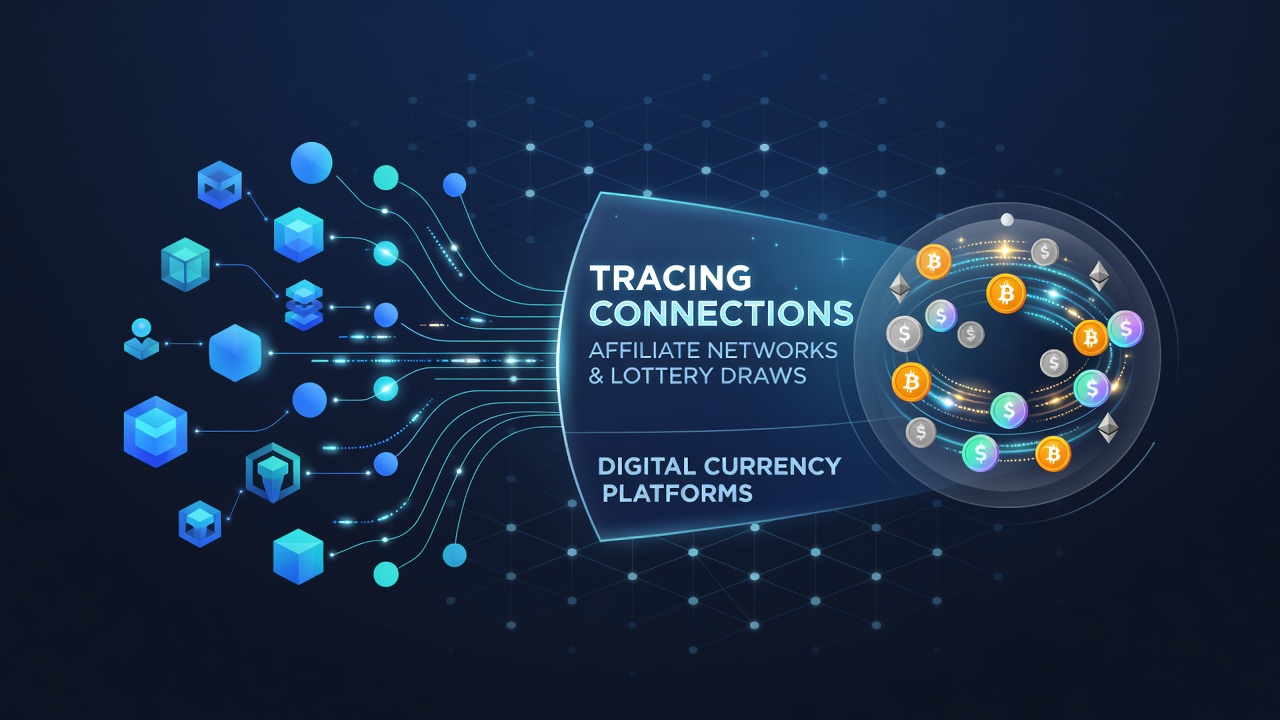 Illustration of affiliate networks connecting to cryptocurrency lottery platforms
