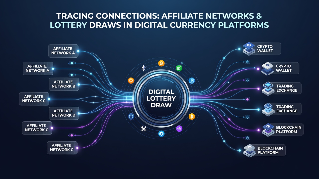 Diagram illustrating transaction flows from affiliate referrals to lottery draws on crypto platforms