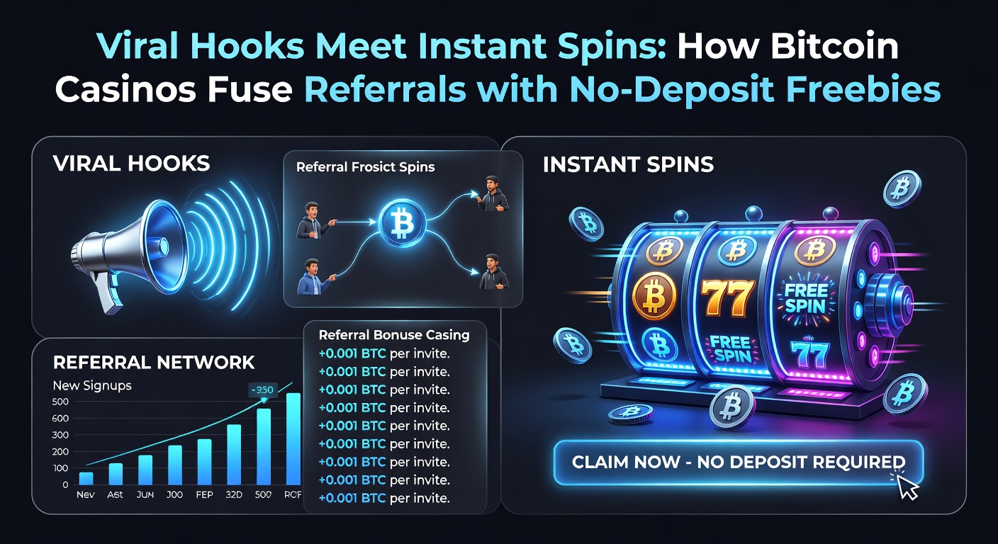 Dynamic graphic showing interconnected referral networks with spinning slot reels and Bitcoin symbols exploding outward, illustrating viral growth in crypto casinos
