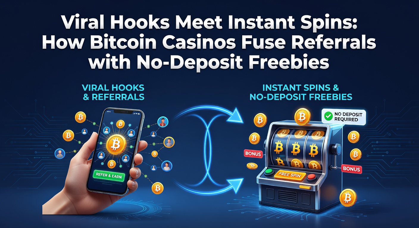Close-up illustration of a smartphone screen displaying a referral code leading to a cascade of free spins on a Bitcoin slot machine, with network connections linking multiple user icons