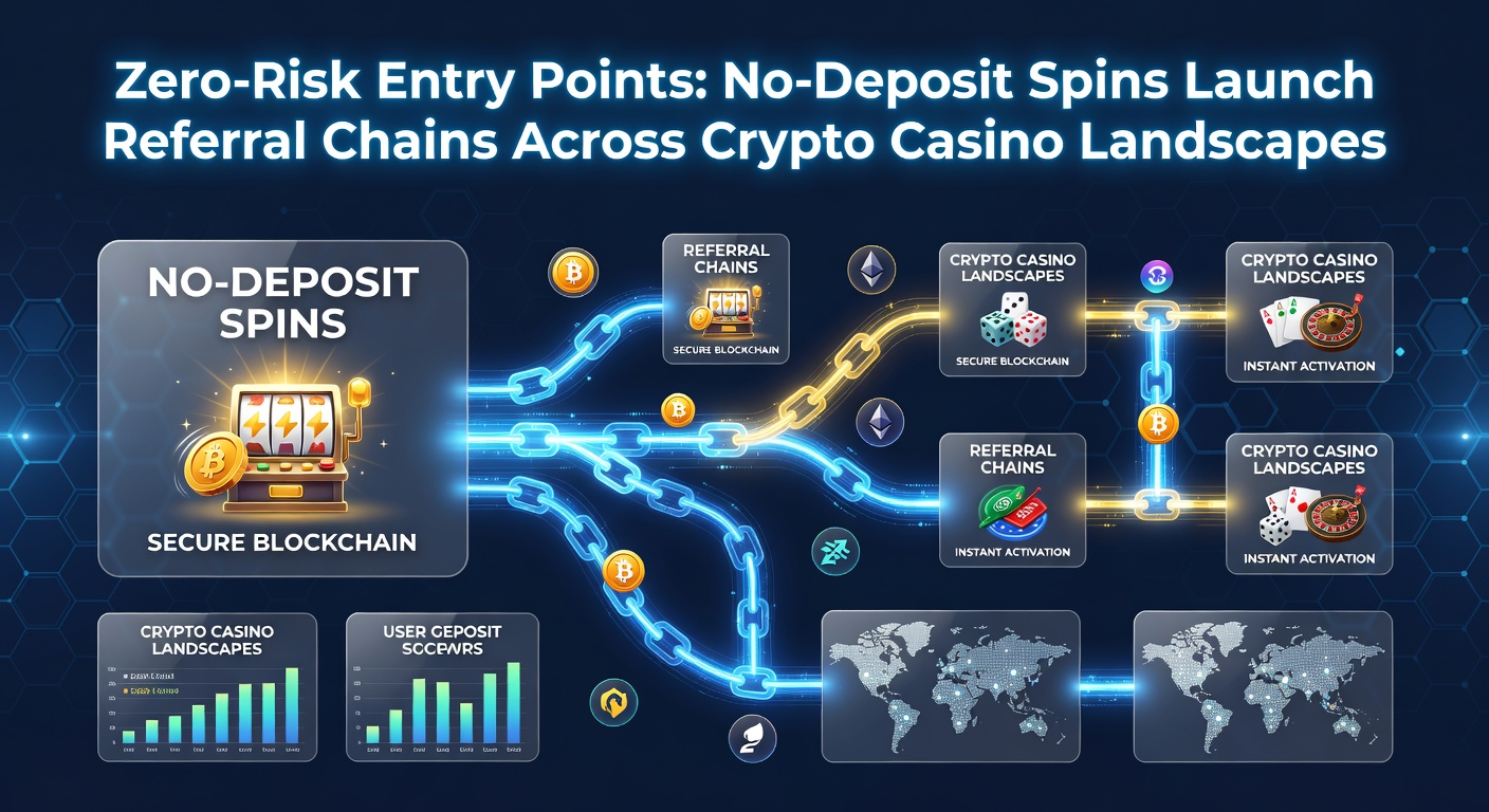 Network diagram visualizing referral chains branching from no-deposit spins, with crypto icons flowing between nodes in a global casino ecosystem